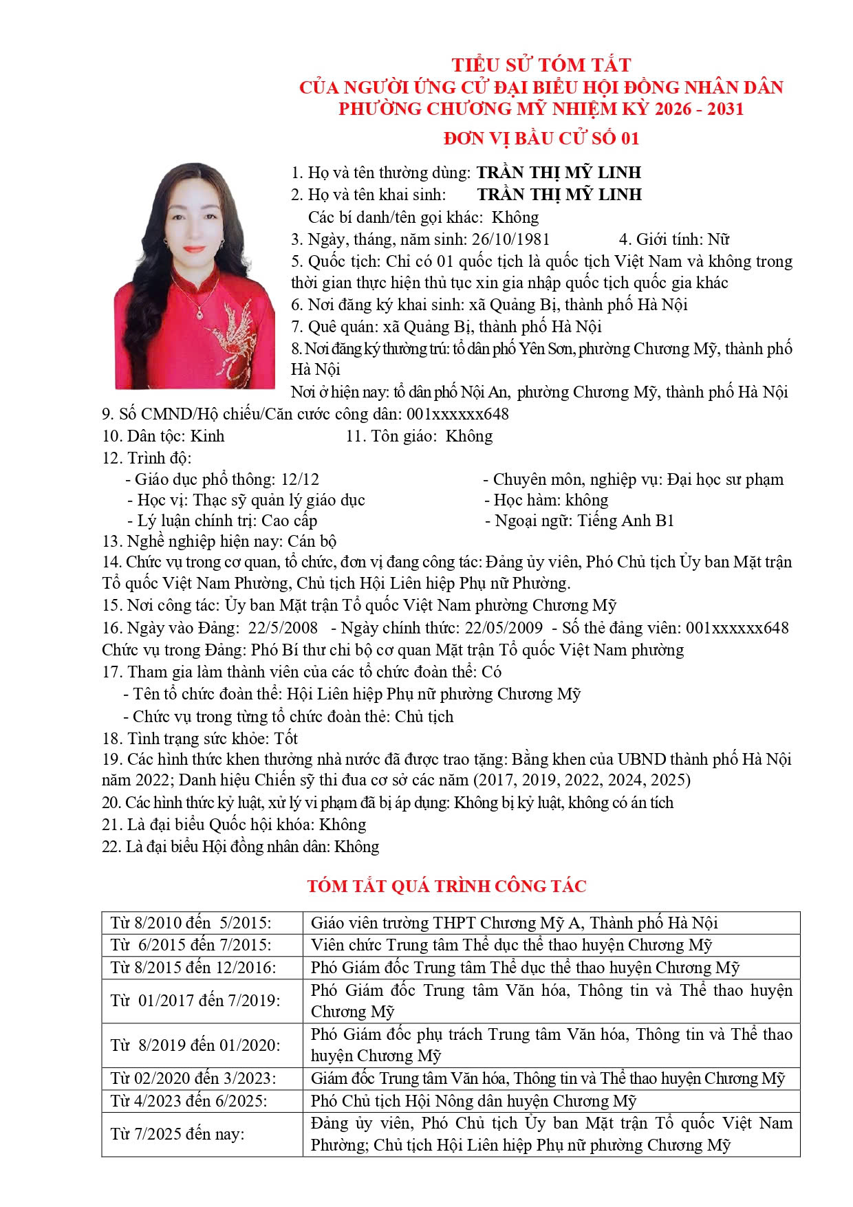 TIỂU SỬ TÓM TẮT CỦA NGƯỜI ỨNG CỬ ĐẠI BIỂU HỘI ĐỒNG NHÂN DÂN PHƯỜNG CHƯƠNG MỸ NHIỆM KỲ 2026 - 2031 - Ảnh 7.