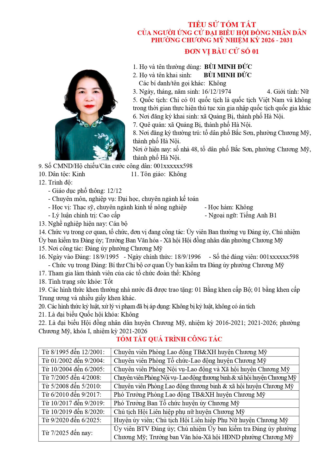 TIỂU SỬ TÓM TẮT CỦA NGƯỜI ỨNG CỬ ĐẠI BIỂU HỘI ĐỒNG NHÂN DÂN PHƯỜNG CHƯƠNG MỸ NHIỆM KỲ 2026 - 2031 - Ảnh 2.