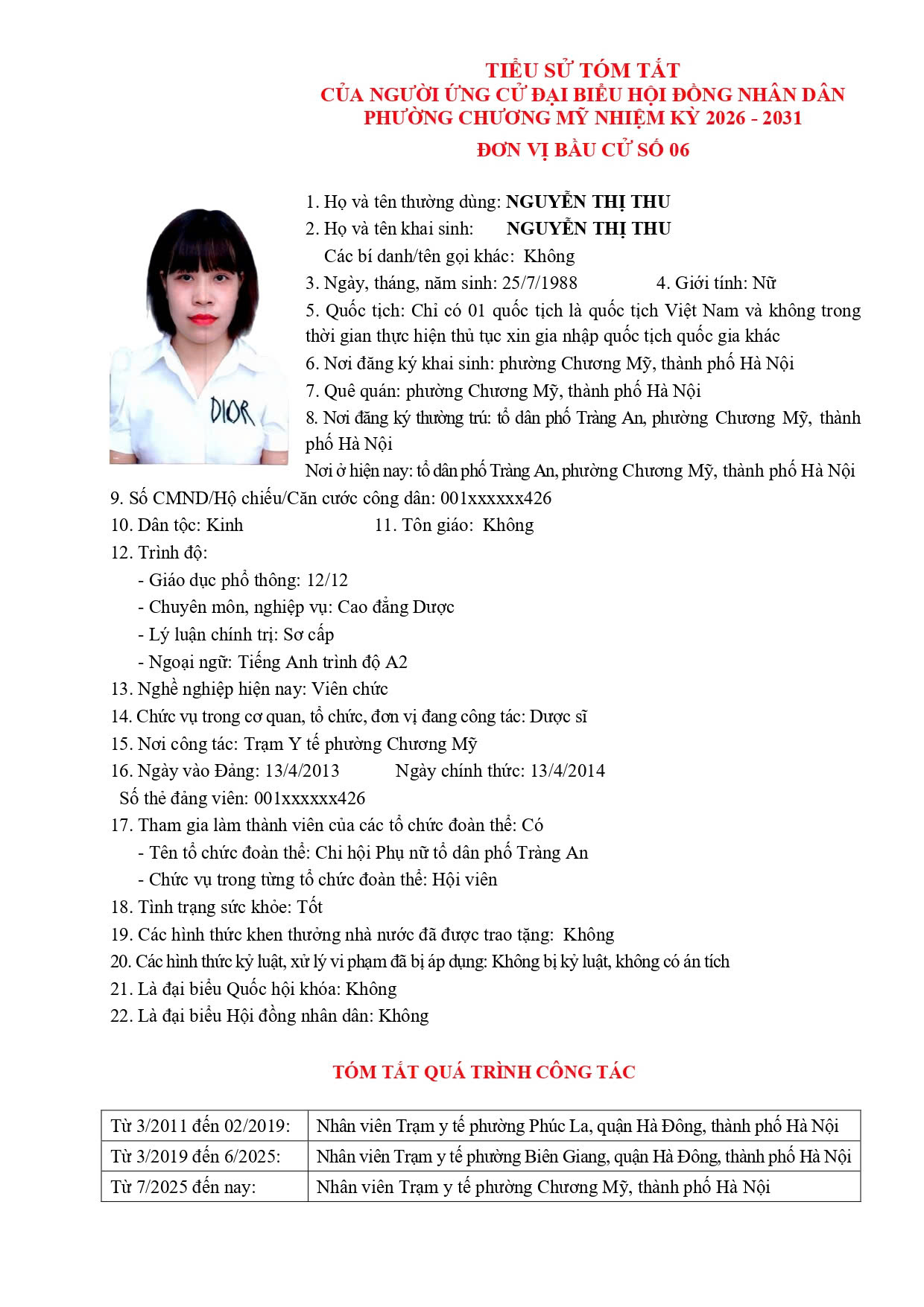 TIỂU SỬ TÓM TẮT CỦA NGƯỜI ỨNG CỬ ĐẠI BIỂU HỘI ĐỒNG NHÂN DÂN PHƯỜNG CHƯƠNG MỸ NHIỆM KỲ 2026 - 2031 - Ảnh 35.