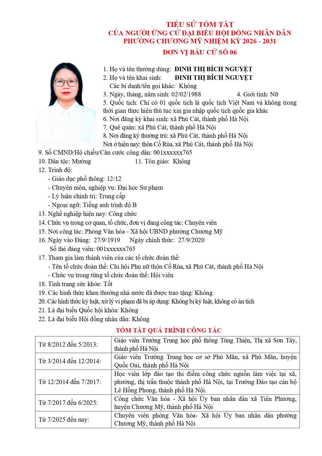 TIỂU SỬ TÓM TẮT CỦA NGƯỜI ỨNG CỬ ĐẠI BIỂU HỘI ĐỒNG NHÂN DÂN PHƯỜNG CHƯƠNG MỸ NHIỆM KỲ 2026 - 2031 - Ảnh 37.