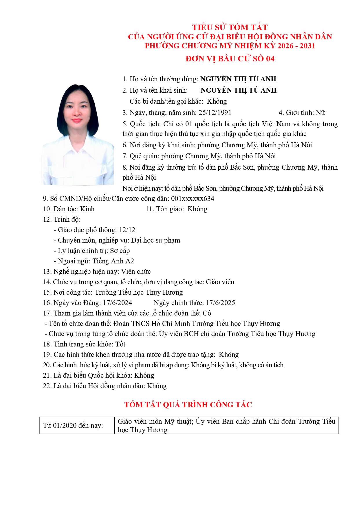 TIỂU SỬ TÓM TẮT CỦA NGƯỜI ỨNG CỬ ĐẠI BIỂU HỘI ĐỒNG NHÂN DÂN PHƯỜNG CHƯƠNG MỸ NHIỆM KỲ 2026 - 2031 - Ảnh 21.
