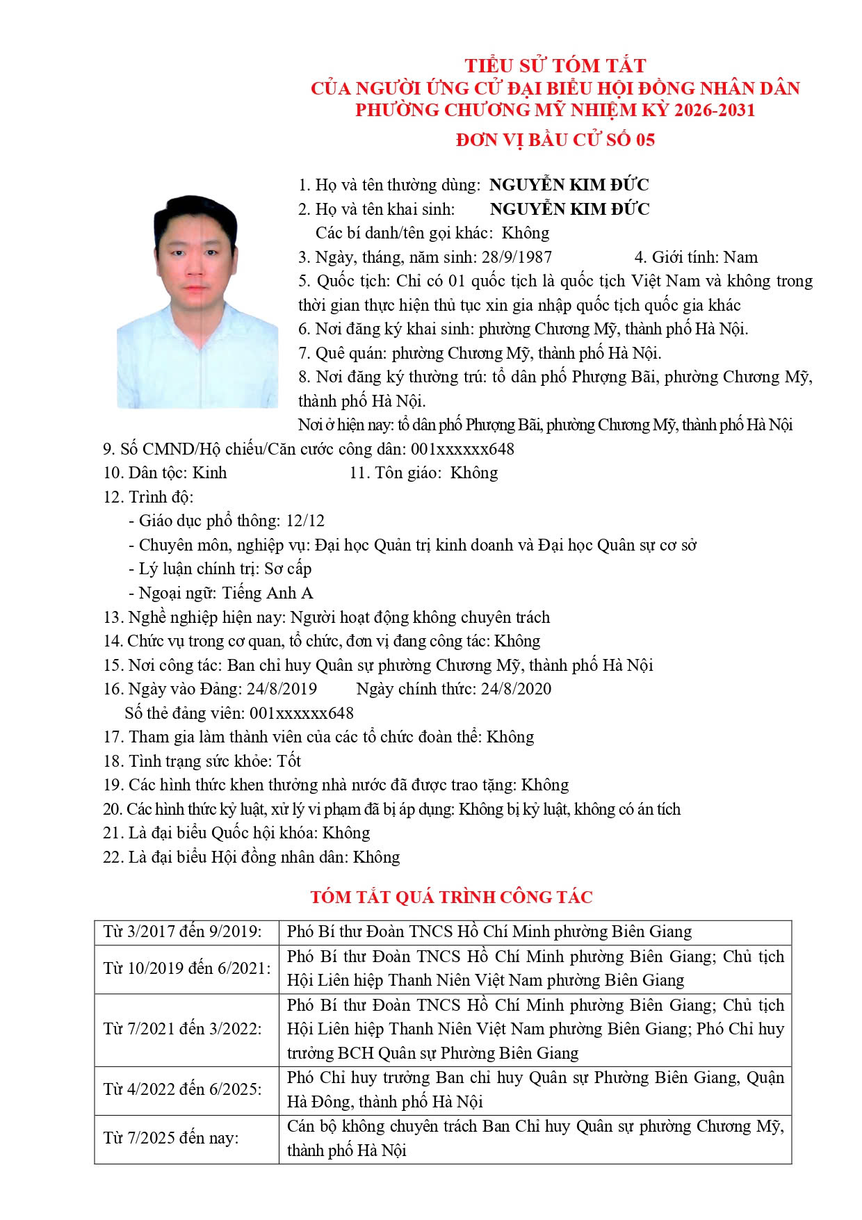 TIỂU SỬ TÓM TẮT CỦA NGƯỜI ỨNG CỬ ĐẠI BIỂU HỘI ĐỒNG NHÂN DÂN PHƯỜNG CHƯƠNG MỸ NHIỆM KỲ 2026 - 2031 - Ảnh 29.