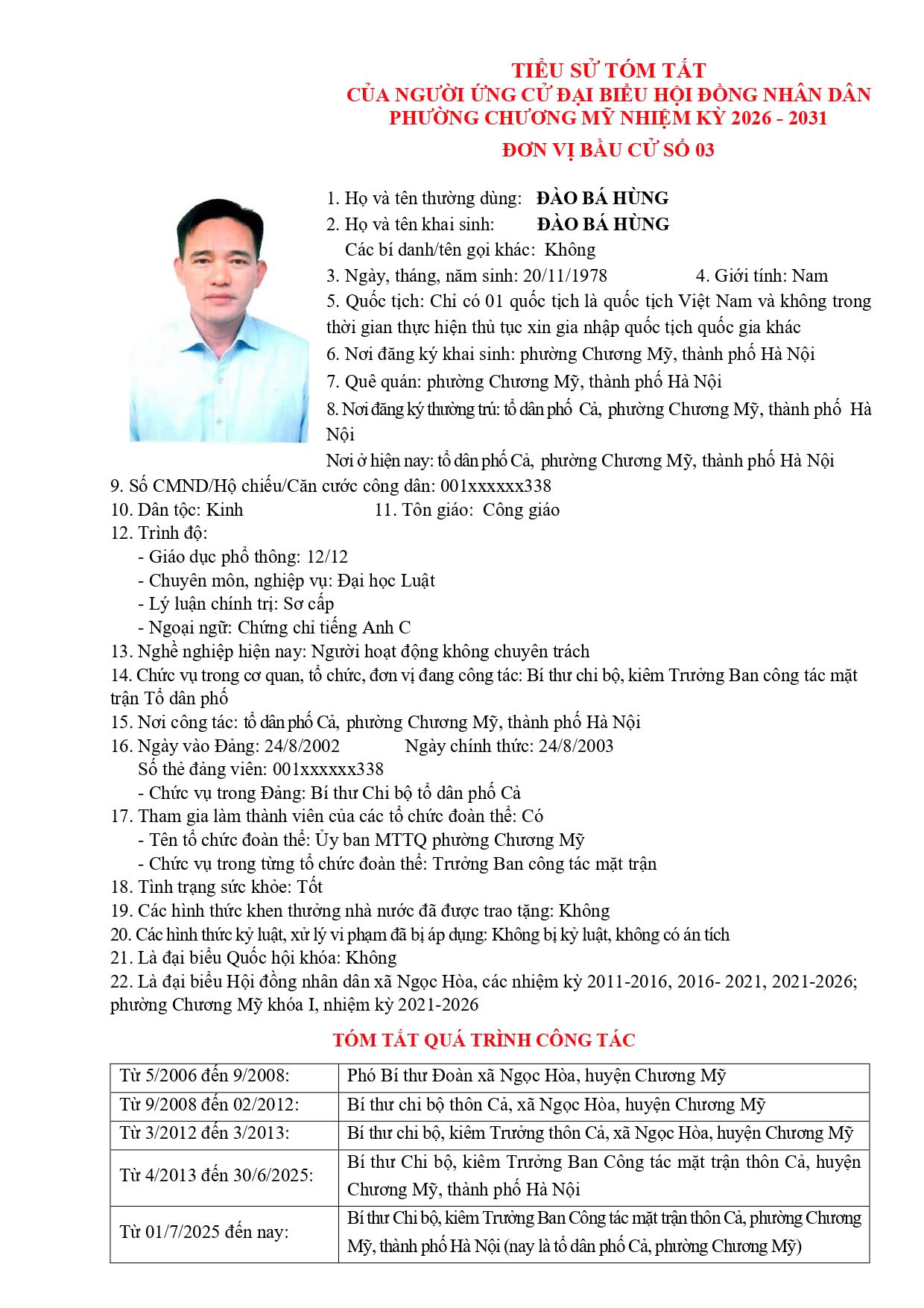 TIỂU SỬ TÓM TẮT CỦA NGƯỜI ỨNG CỬ ĐẠI BIỂU HỘI ĐỒNG NHÂN DÂN PHƯỜNG CHƯƠNG MỸ NHIỆM KỲ 2026 - 2031 - Ảnh 16.