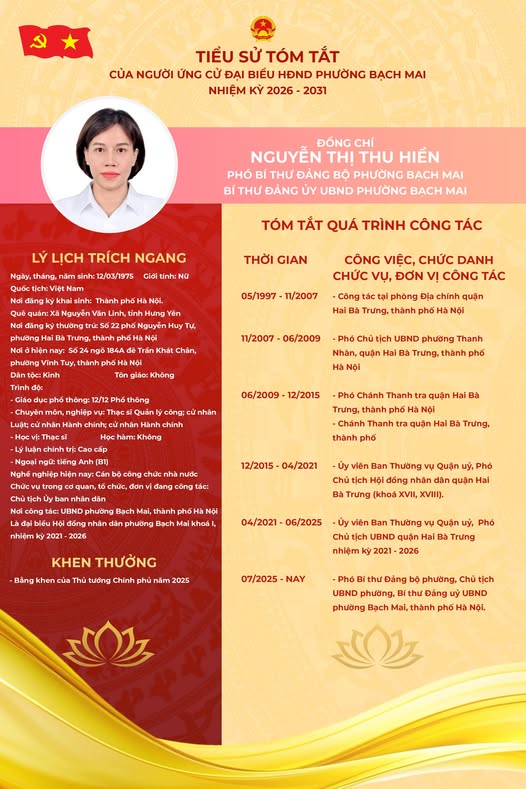 TIỂU SỬ TÓM TẮT ĐỒNG CHÍ NGUYỄN THỊ THU HIỀN - PHÓ BÍ THƯ ĐẢNG ỦY, CHỦ TỊCH UBND PHƯỜNG ỨNG CỬ ĐẠI BIỂU HỘI ĐỒNG NHÂN DÂN PHƯỜNG BẠCH MAI NHIỆM KỲ 2026- 2031- Ảnh 1.