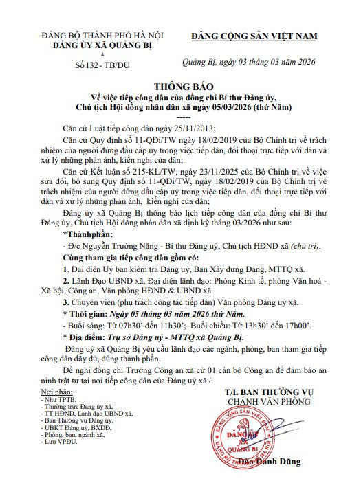 Lịch tiếp công dân của đồng chí Bí thư Đảng ủy, Chủ tịch HĐND xã ngày 05/3/2026 (thứ Năm)- Ảnh 1.