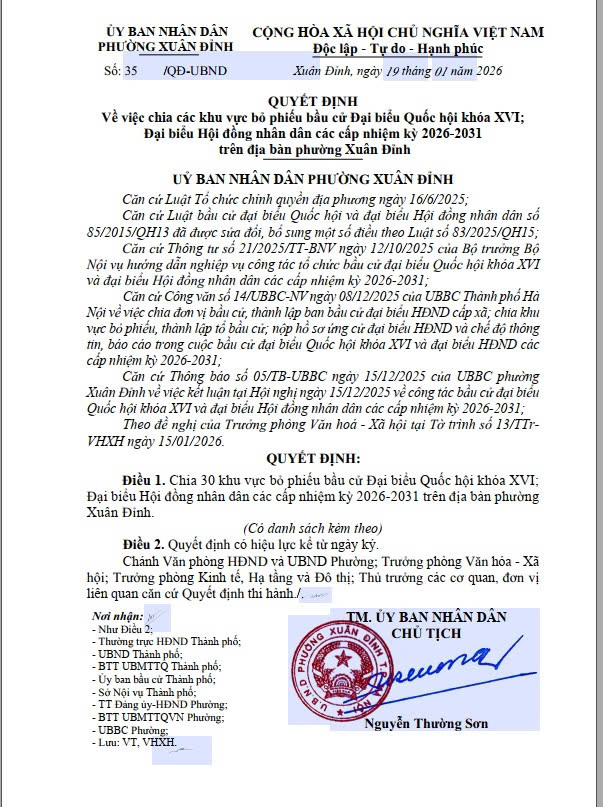 Phường Xuân Đỉnh: 30 khu vực bỏ phiếu bầu cử đại biểu Quốc hội Việt Nam khóa XVI và đại biểu Hội đồng nhân dân các cấp nhiệm kỳ 2026 – 2031 trên địa bàn- Ảnh 1.