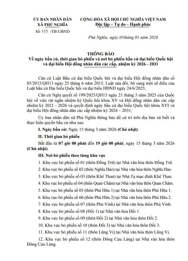 THÔNG BÁO
Về ngày bầu cử, thời gian bỏ phiếu và nơi bỏ phiếu bầu cử đại biểu Quốc hội và đại biểu Hội đồng nhân dân các cấp, nhiệm kỳ 2026 - 2031- Ảnh 1.