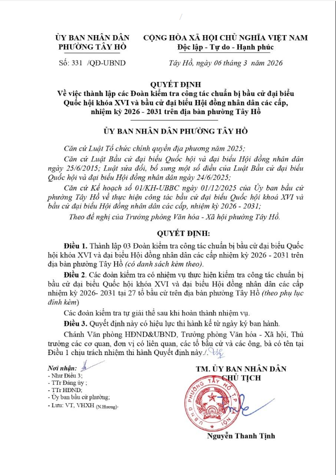 Phường Tây Hồ thành lập các Đoàn kiểm tra công tác chuẩn bị bầu cử- Ảnh 1.