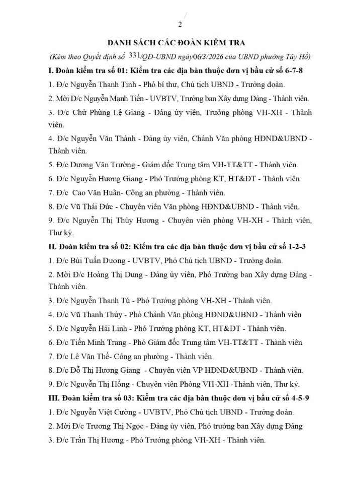 Phường Tây Hồ thành lập các Đoàn kiểm tra công tác chuẩn bị bầu cử- Ảnh 2.