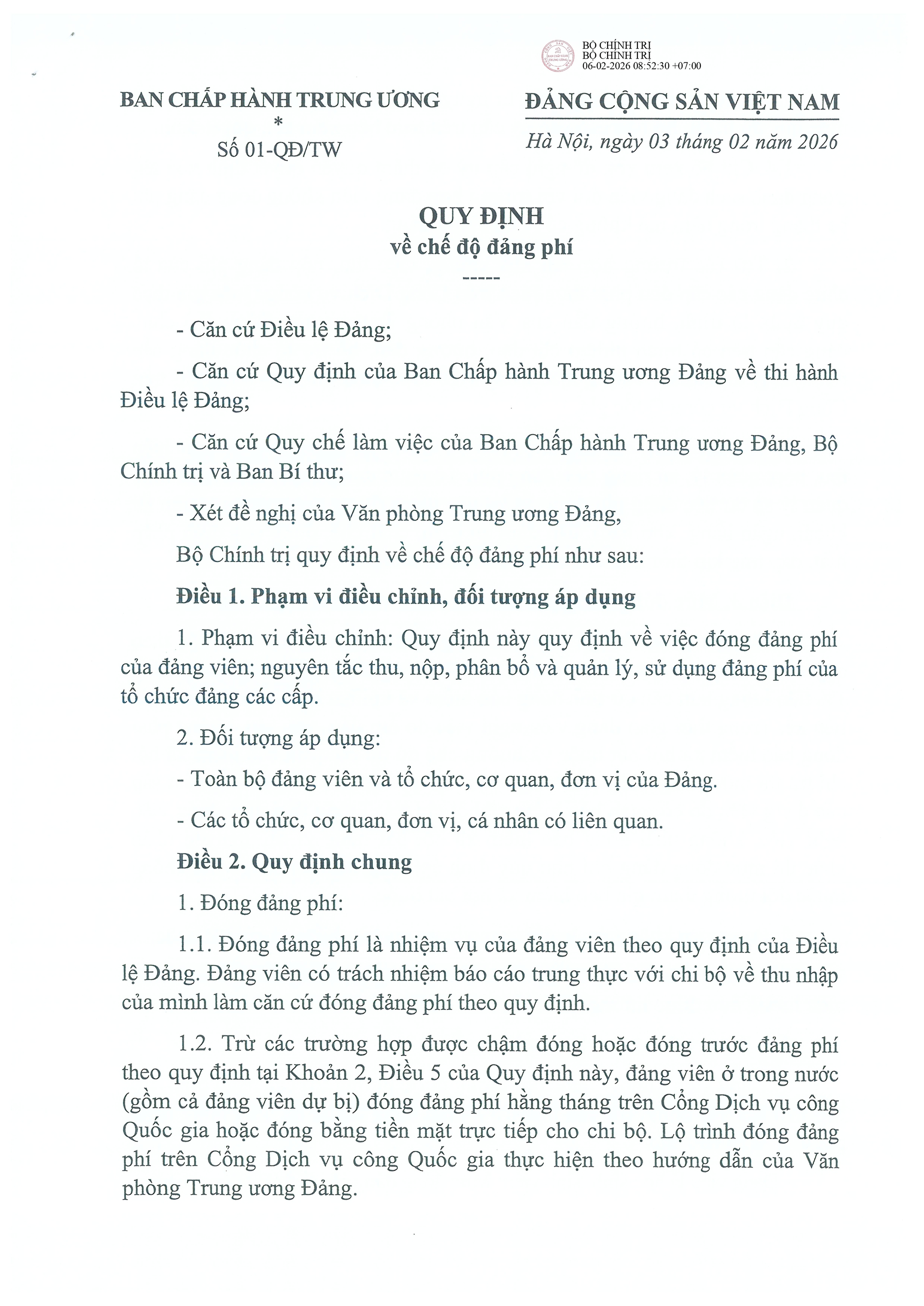 TOÀN VĂN: Quy định số 01-QĐ/TW của Bộ Chính trị về chế độ đảng phí- Ảnh 1.
