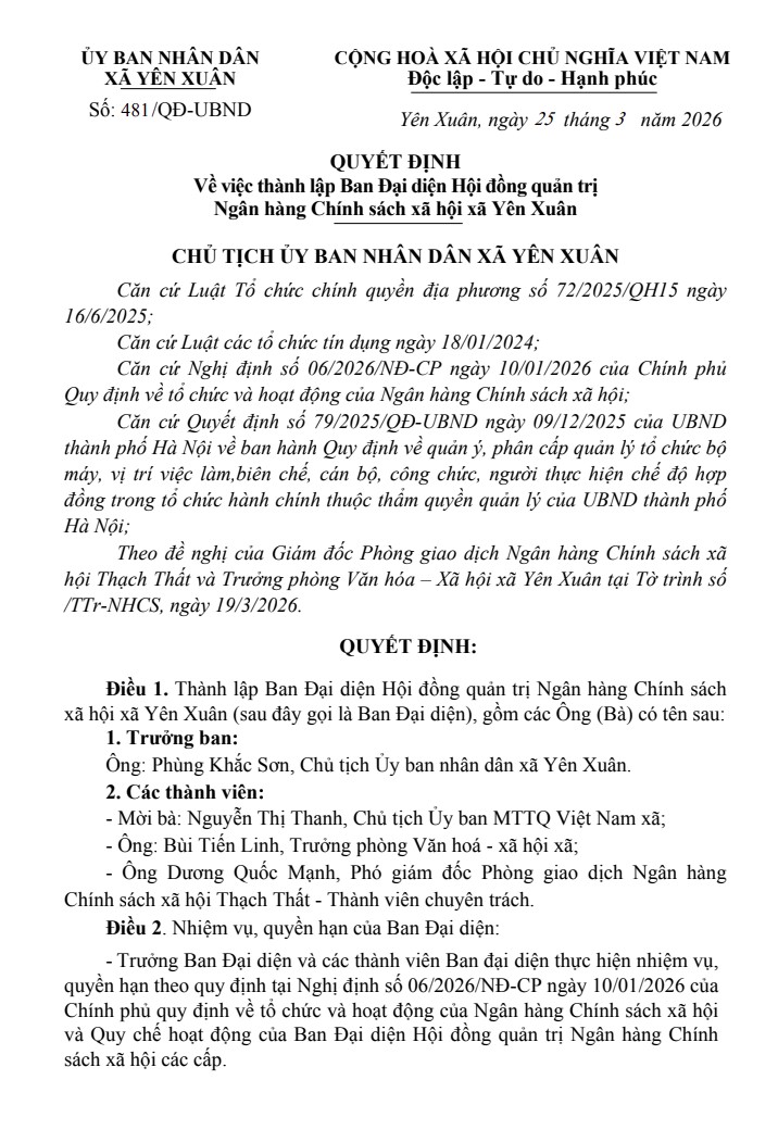 Xã Yên Xuân QUYẾT ĐỊNH
Về việc thành lập Ban Đại diện Hội đồng quản trị
Ngân hàng Chính sách xã hội xã Yên Xuân- Ảnh 1.