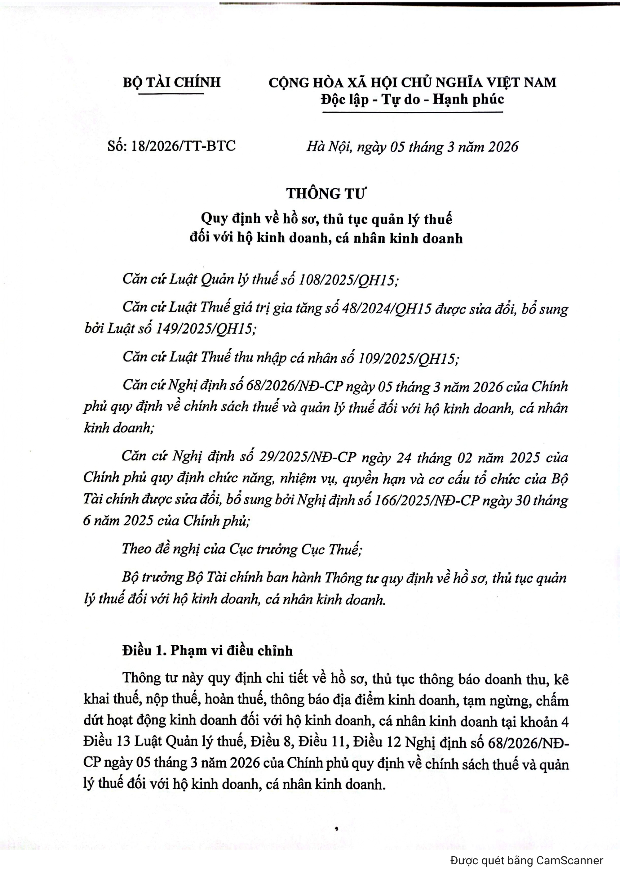 Thông tư 18/2026/TT-BTC quy định hồ sơ, thủ tục quản lý thuế đối với hộ kinh doanh, cá nhân kinh doanh- Ảnh 1.