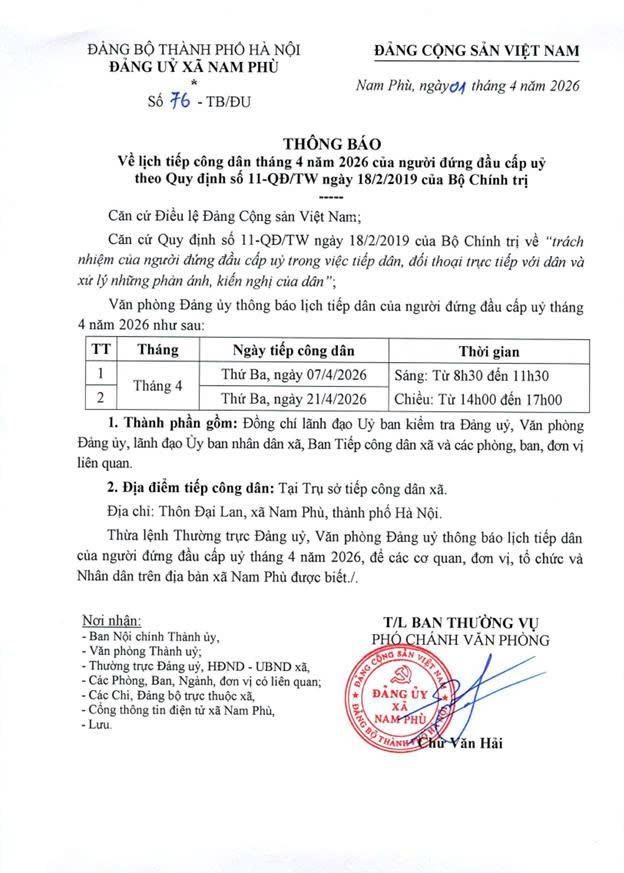 Thông báo số 76-TB/ĐU ngày 01/4/2026 của Đảng ủy xã Nam Phù- Ảnh 1.