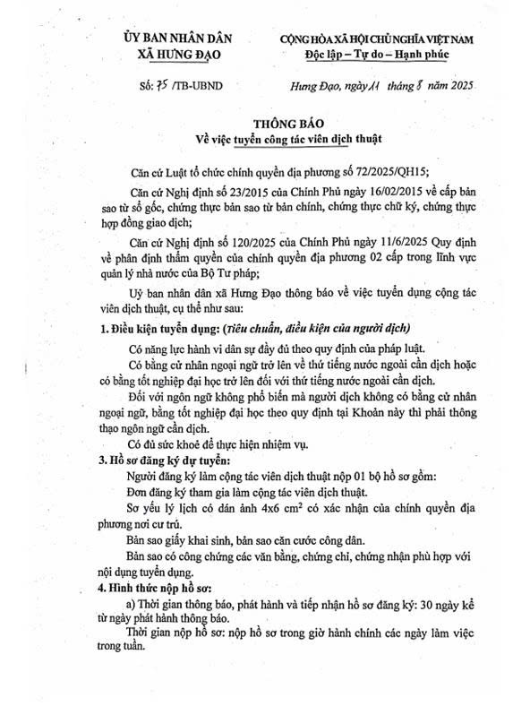 THÔNG BÁO
Về việc tuyển công tác viên dịch thuật- Ảnh 1.