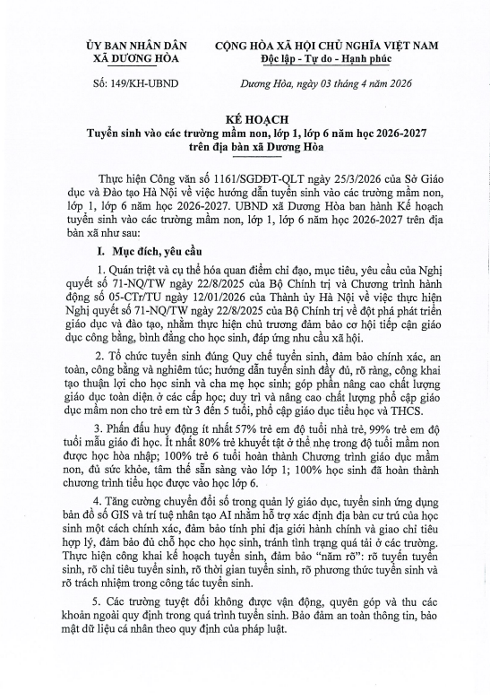 Kế hoạch tuyển sinh vào các trường Mầm non, lớp 1, lớp 6 năm học 2026 - 2027 trên địa bàn xã Dương Hòa- Ảnh 1.