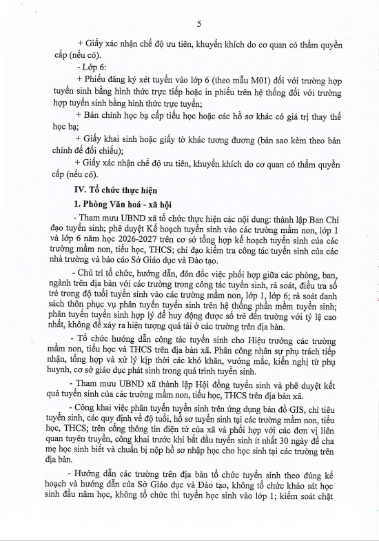 Kế hoạch tuyển sinh vào các trường Mầm non, lớp 1, lớp 6 năm học 2026 - 2027 trên địa bàn xã Dương Hòa- Ảnh 5.