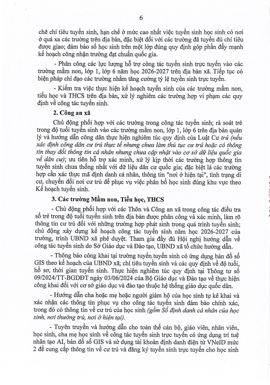 Kế hoạch tuyển sinh vào các trường Mầm non, lớp 1, lớp 6 năm học 2026 - 2027 trên địa bàn xã Dương Hòa- Ảnh 6.
