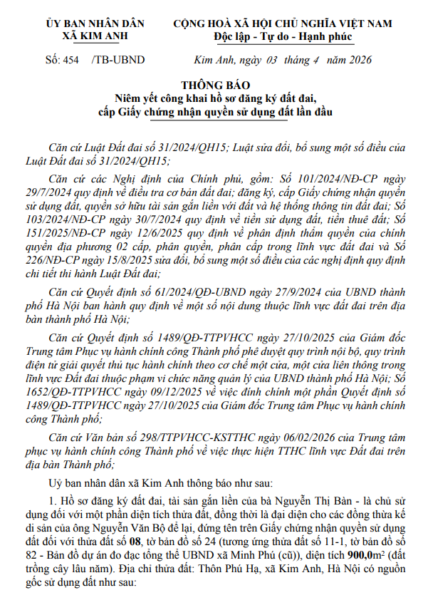 THÔNG BÁO NIÊM YẾT CÔNG KHAI HỒ SƠ ĐĂNG KÝ ĐẤT ĐAI, CẤP GIẤY CHỨNG NHẬN QUYỀN SỬ DỤNG ĐẤT LẦN ĐẦU CỦA BÀ NGUYỄN THỊ BÀN THÔN PHÚ HẠ, XÃ KIM ANH, THÀNH PHỐ HÀ NỘI- Ảnh 1.