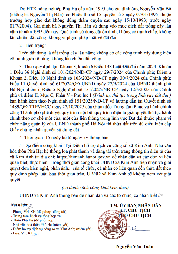 THÔNG BÁO NIÊM YẾT CÔNG KHAI HỒ SƠ ĐĂNG KÝ ĐẤT ĐAI, CẤP GIẤY CHỨNG NHẬN QUYỀN SỬ DỤNG ĐẤT LẦN ĐẦU CỦA BÀ NGUYỄN THỊ BÀN THÔN PHÚ HẠ, XÃ KIM ANH, THÀNH PHỐ HÀ NỘI- Ảnh 2.