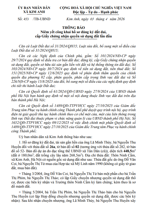 THÔNG BÁO NIÊM YẾT CÔNG KHAI HỒ SƠ ĐĂNG KÝ ĐẤT ĐAI, CẤP GIẤY CHỨNG NHẬN QUYỀN SỬ DỤNG ĐẤT LẦN ĐẦU CỦA ÔNG LÃ MINH THÙY VÀ BÀ NGUYỄN THU HUYỀN TẠI ĐỊA CHỈ THÔN NINH CẦM, XÃ KIM ANH, THÀNH PHỐ HÀ NỘI- Ảnh 1.