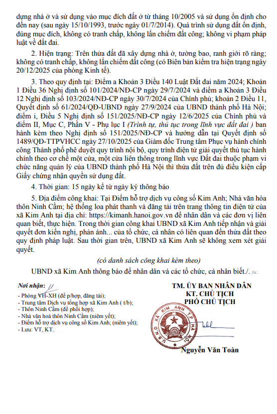 THÔNG BÁO NIÊM YẾT CÔNG KHAI HỒ SƠ ĐĂNG KÝ ĐẤT ĐAI, CẤP GIẤY CHỨNG NHẬN QUYỀN SỬ DỤNG ĐẤT LẦN ĐẦU CỦA ÔNG LÃ MINH THÙY VÀ BÀ NGUYỄN THU HUYỀN TẠI ĐỊA CHỈ THÔN NINH CẦM, XÃ KIM ANH, THÀNH PHỐ HÀ NỘI- Ảnh 2.