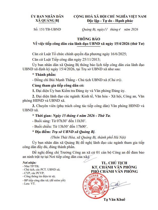 Lịch tiếp công dân của Lãnh đạo UBND xã Quảng Bị ngày 15/4/2026 (Thứ Tư)- Ảnh 1.