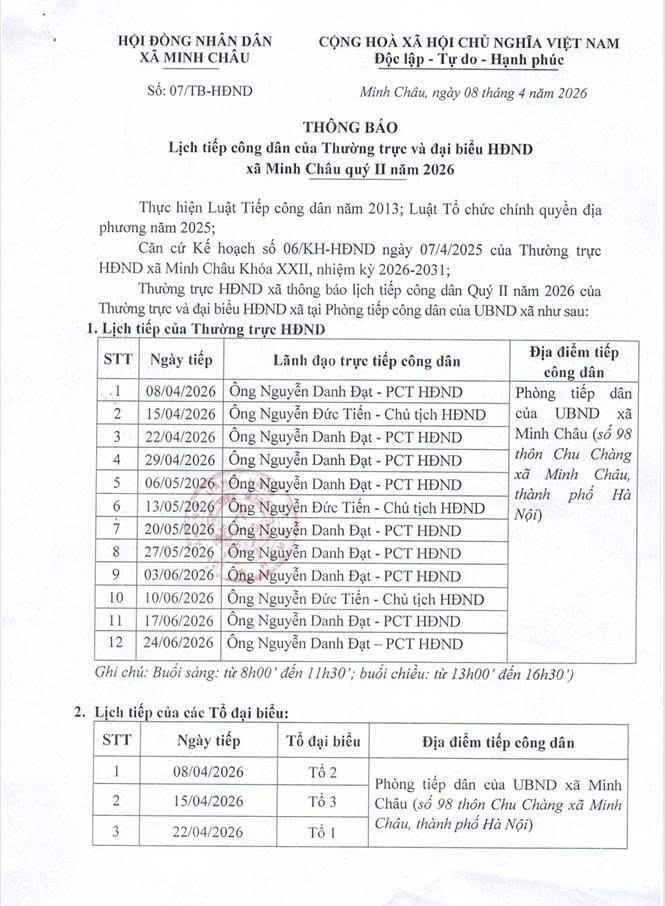 HĐND xã Minh Châu thông báo: Lịch tiếp công dân của Thường trực và đại biểu HĐND xã Minh Châu quý II/2026- Ảnh 1.