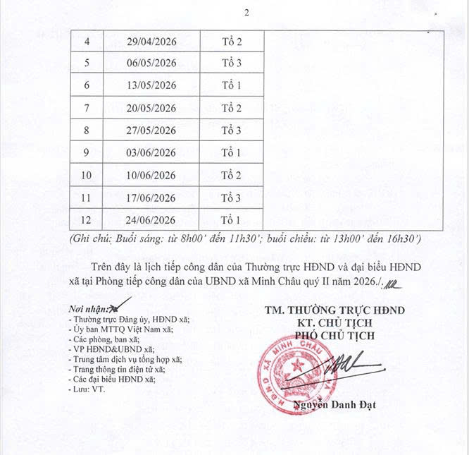 HĐND xã Minh Châu thông báo: Lịch tiếp công dân của Thường trực và đại biểu HĐND xã Minh Châu quý II/2026- Ảnh 2.