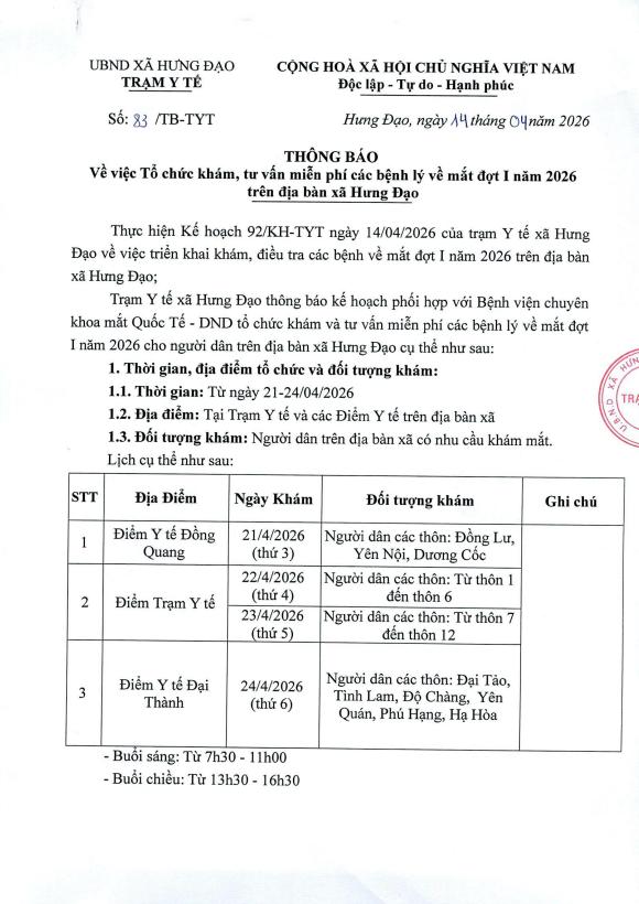 Thông báo: Về việc Tổ chức khám, tư vấn miễn phí các bệnh lý về mặt đợt I năm 2026 trên địa bàn xã Hưng Đạo- Ảnh 1.