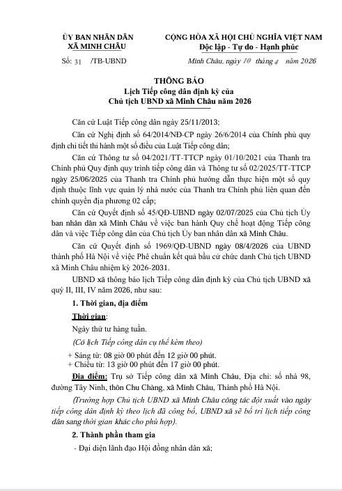 Ủy ban Nhân dân xã Minh Châu thông báo Lịch tích công dân định kỳ của Chủ tịch UBND xã Minh Châu năm 2026- Ảnh 1.