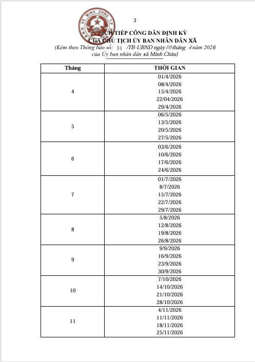 Ủy ban Nhân dân xã Minh Châu thông báo Lịch tích công dân định kỳ của Chủ tịch UBND xã Minh Châu năm 2026- Ảnh 3.