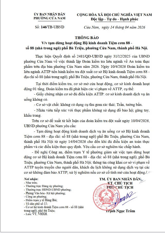THÔNG BÁO:  
Tạm dừng hoạt động Hộ kinh doanh Tiệm cơm 88 - số 88 (nhà trong ngõ) phố Bà Triệu, phường Cửa Nam, thành phố Hà Nội- Ảnh 1.