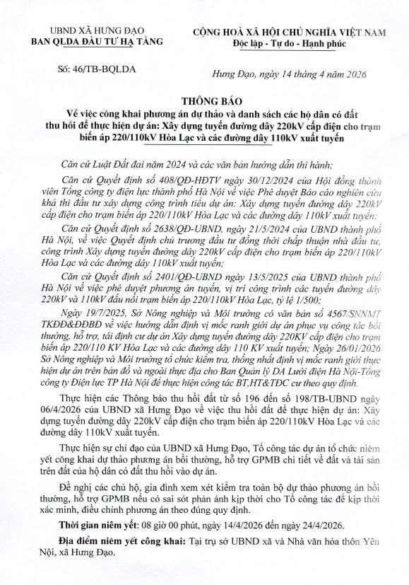 THÔNG BÁO
Về việc công khai phương án dự thảo và danh sách các hộ dân có đất thu hồi để thực hiện dự án: Xây dựng tuyến đường dây 220kV cấp điện cho trạm biến áp 220/110kV Hòa Lạc và các đường dây 110kV xuất tuyến- Ảnh 1.