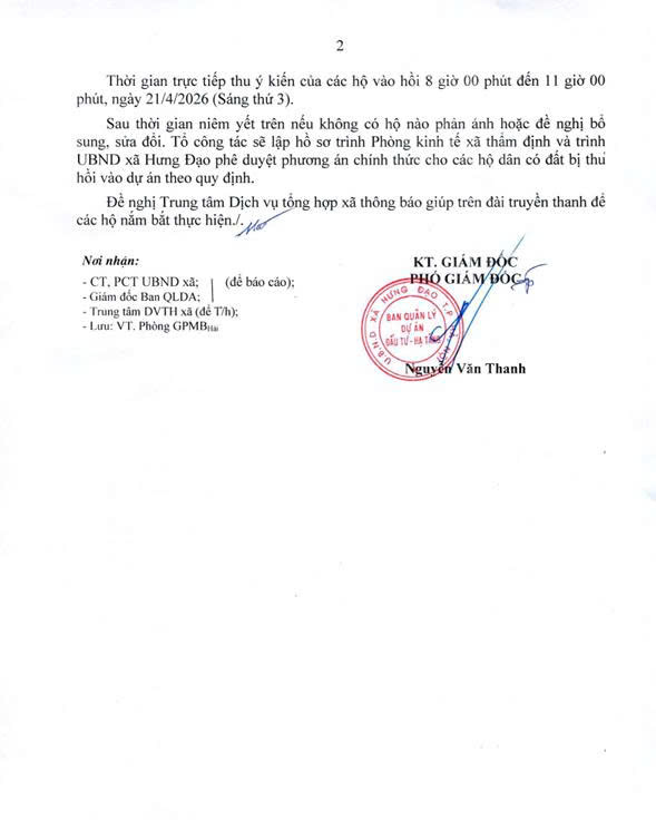 THÔNG BÁO Về việc công khai dự thảo phương án bồi thường, hỗ trợ và danh sách các hộ dân có đất thu hồi dự án Xây dựng đường giao thông kết hợp hệ thống thoát nước ngoài cụm làng nghề Tân Hòa
- Ảnh 2.