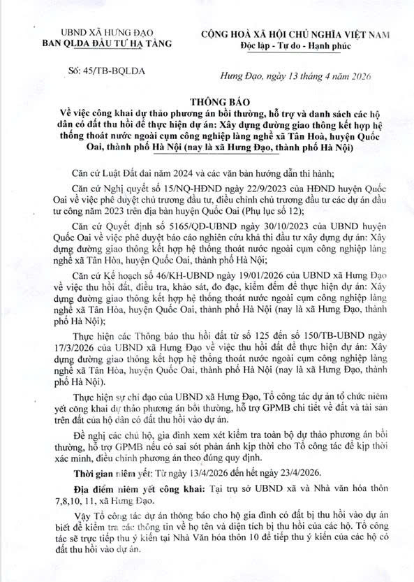 THÔNG BÁO Về việc công khai dự thảo phương án bồi thường, hỗ trợ và danh sách các hộ dân có đất thu hồi dự án Xây dựng đường giao thông kết hợp hệ thống thoát nước ngoài cụm làng nghề Tân Hòa
- Ảnh 1.