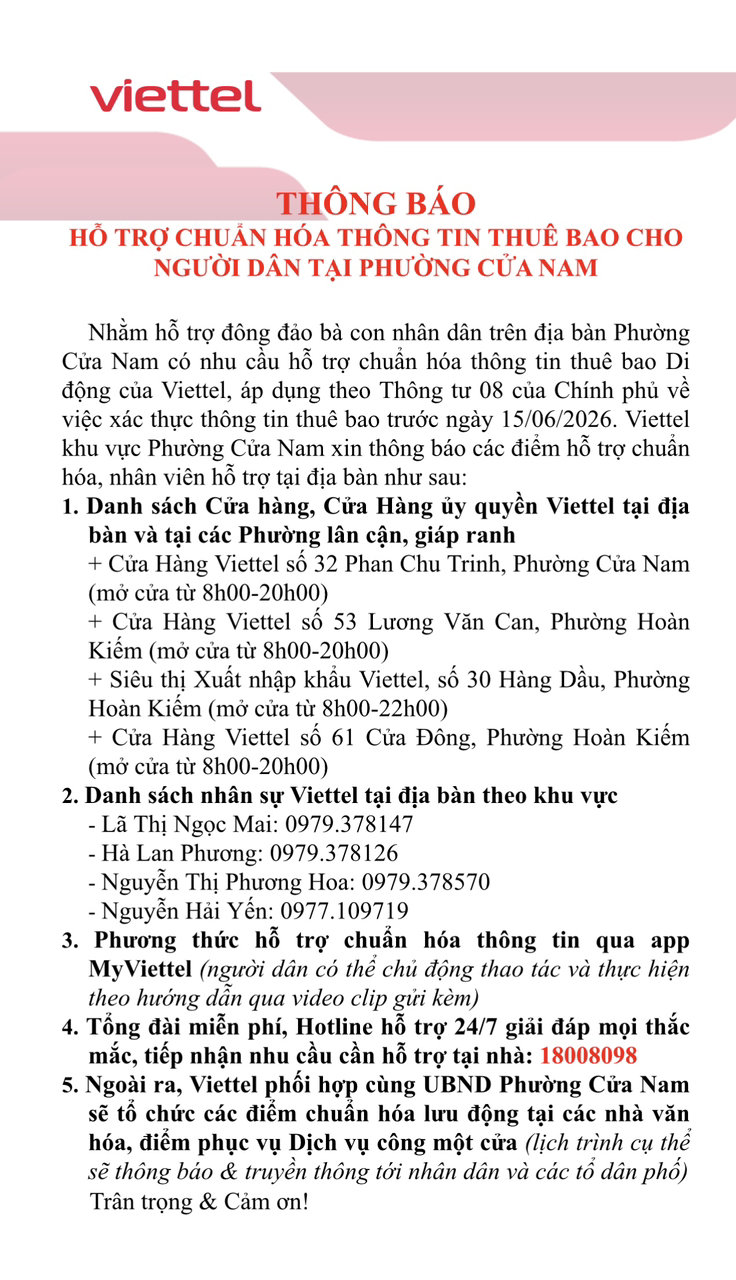 UBND phường Cửa Nam xin thông báo hỗ trợ chuẩn hóa thông tin thuê bao cho người dân tại phường Cửa Nam. 
- Ảnh 1.
