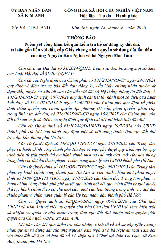 THÔNG BÁO NIÊM YẾT CÔNG KHAI KẾT QUẢ KIỂM TRA
HỒ SƠ ĐĂNG KÝ ĐẤT ĐAI, TÀI SẢN GẮN LIỀN VỚI ĐẤT, CẤP GIẤY CHỨNG NHẬN QUYỀN SỬ DỤNG ĐẤT LẦN ĐẦU CỦA ÔNG NGUYỄN KIM NGHĨA VÀ BÀ NGUYỄN MAI TÂM- Ảnh 1.