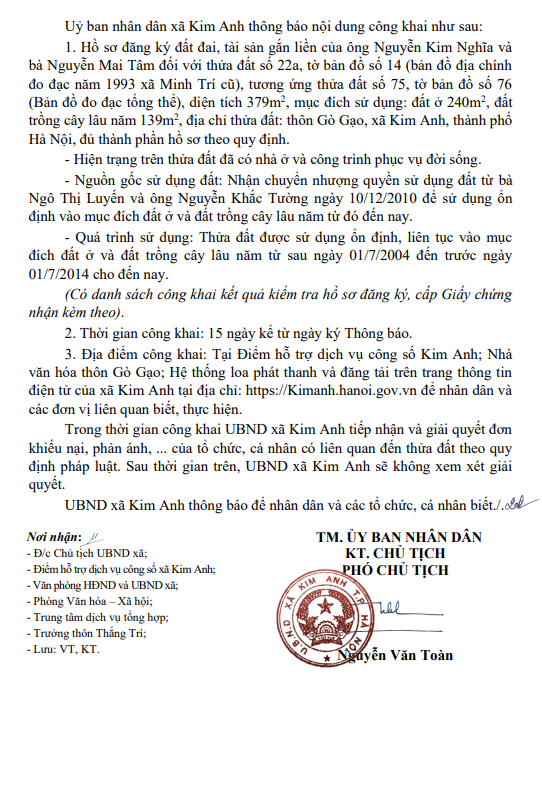 THÔNG BÁO NIÊM YẾT CÔNG KHAI KẾT QUẢ KIỂM TRA
HỒ SƠ ĐĂNG KÝ ĐẤT ĐAI, TÀI SẢN GẮN LIỀN VỚI ĐẤT, CẤP GIẤY CHỨNG NHẬN QUYỀN SỬ DỤNG ĐẤT LẦN ĐẦU CỦA ÔNG NGUYỄN KIM NGHĨA VÀ BÀ NGUYỄN MAI TÂM- Ảnh 2.