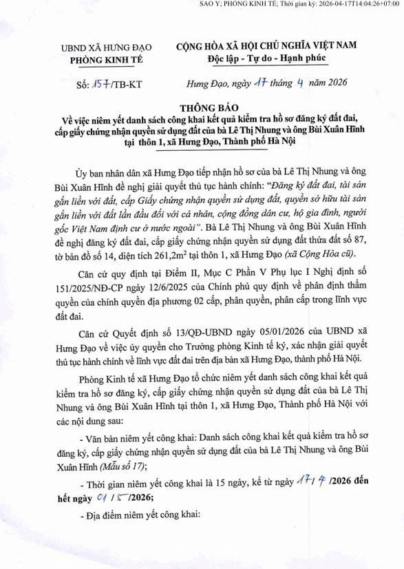 THÔNG BÁO
Về việc niêm yết danh sách công khai kết quả kiểm tra hồ sơ đăng ký đất đai, cấp giấy chứng nhận quyền sử dụng đất của bà Lê Thị Nhung và ông Bùi Xuân Hĩnh tại thôn 1, xã Hưng Đạo, Thành phố Hà Nội- Ảnh 1.