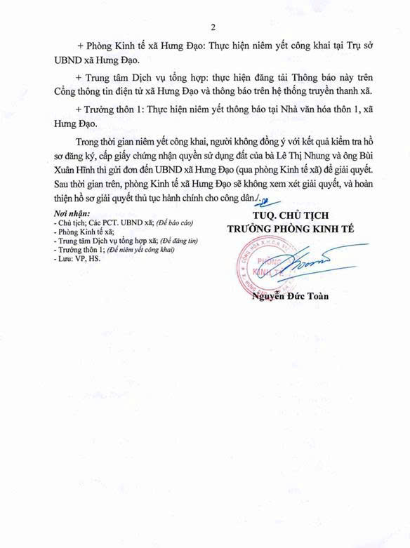 THÔNG BÁO
Về việc niêm yết danh sách công khai kết quả kiểm tra hồ sơ đăng ký đất đai, cấp giấy chứng nhận quyền sử dụng đất của bà Lê Thị Nhung và ông Bùi Xuân Hĩnh tại thôn 1, xã Hưng Đạo, Thành phố Hà Nội- Ảnh 2.