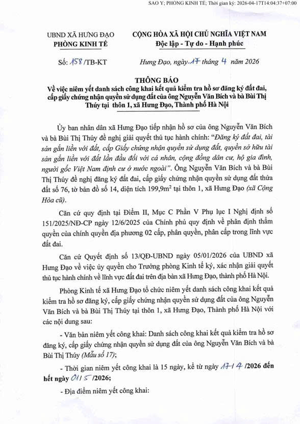 THÔNG BÁO
Về việc niêm yết danh sách công khai kết quả kiểm tra hồ sơ đăng ký đất đai, cấp giấy chứng nhận quyền sử dụng đất của ông NguyễnVăn Bích và bà Bùi Thị Thúy tại thôn 1, xã Hưng Đạo, Thành phố Hà Nội- Ảnh 1.
