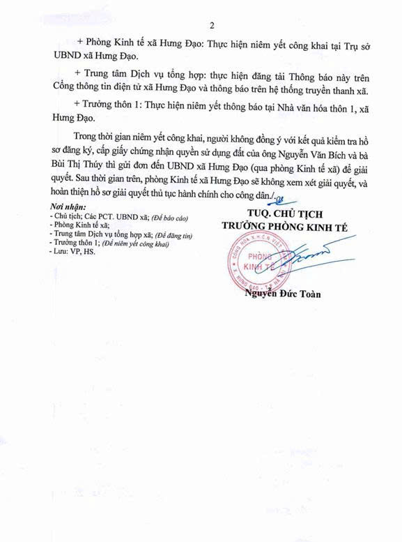 THÔNG BÁO
Về việc niêm yết danh sách công khai kết quả kiểm tra hồ sơ đăng ký đất đai, cấp giấy chứng nhận quyền sử dụng đất của ông NguyễnVăn Bích và bà Bùi Thị Thúy tại thôn 1, xã Hưng Đạo, Thành phố Hà Nội- Ảnh 2.