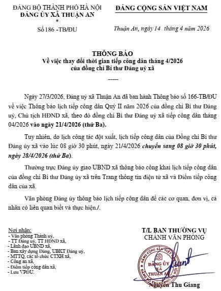 Thông báo về việc thay đổi thời gian tiếp công dân tháng 4/2026 của đồng chí Bí thư Đảng uỷ xã- Ảnh 1.