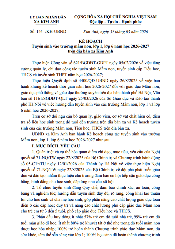 Kế hoạch tuyển sinh vào trường mầm non, lớp 1, lớp 6 năm học 2026-2027 trên địa bàn xã Kim Anh- Ảnh 1.