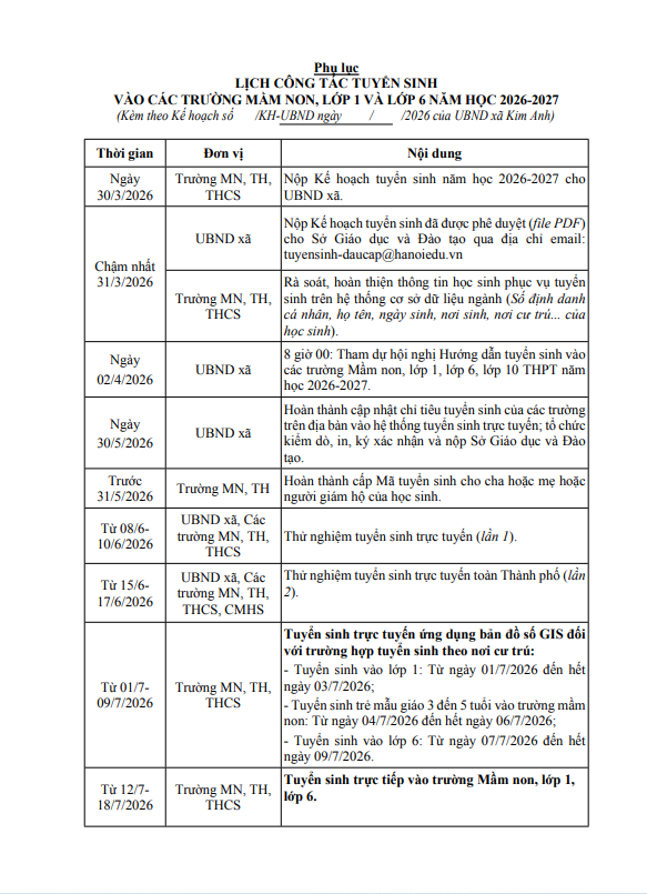 Kế hoạch tuyển sinh vào trường mầm non, lớp 1, lớp 6 năm học 2026-2027 trên địa bàn xã Kim Anh- Ảnh 10.