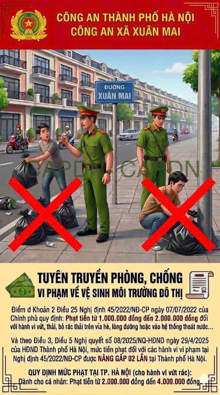 Công an xã Xuân Mai tuyên truyền về việc tăng gấp đôi mức phạt vi phạm về xả rác nơi công cộng- Ảnh 1.