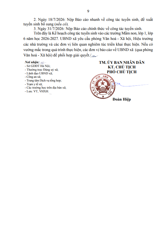 Kế hoạch tuyển sinh vào trường mầm non, lớp 1, lớp 6 năm học 2026-2027 trên địa bàn xã Kim Anh- Ảnh 9.