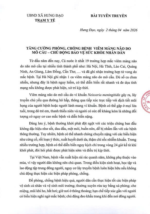 TĂNG CƯỜNG PHÒNG, CHỐNG BỆNH VIÊM MÀNG NÃO DO MÔ CẦU - CHỦ ĐỘNG BẢO VỆ SỨC KHỎE NHÂN DÂN- Ảnh 1.