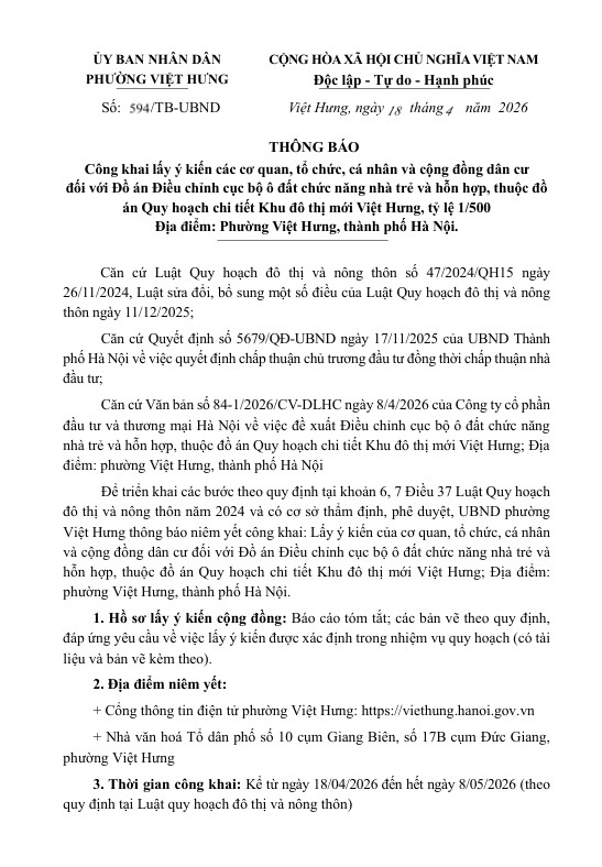 THÔNG BÁO
Công khai lấy ý kiến các cơ quan, tổ chức, cá nhân và cộng đồng dân cư Dự án Điều chỉnh cục bộ ô đất C2/NO8, C2/NT3, C2/HH6
- Ảnh 1.