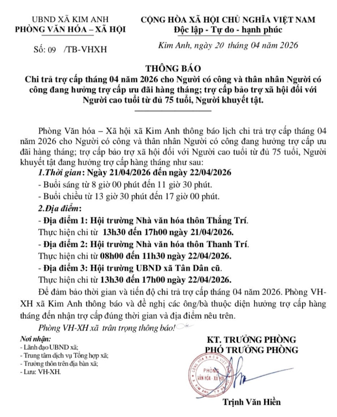THÔNG BÁO CHI TRẢ TRỢ CẤP THÁNG 04 NĂM 2026 CHO NGƯỜI CÓ CÔNG VÀ THÂN NHÂN ĐANG HƯỞNG TRỢ CẤP ƯU ĐÃI HÀNG THÁNG; TRỢ CẤP BẢO TRỢ XÃ HỘI ĐỐI VỚI NGƯỜI CAO TUỔI TỪ ĐỦ 75 TUỔI, NGƯỜI KHUYẾT TẬT- Ảnh 1.